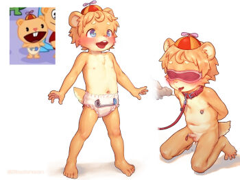 2boys after_fellatio animal_ears arms_behind_back barefoot belt_collar blindfold blush censored character_request collar commentary_request cub_(happy_tree_friends) diaper happy_tree_friends kurotsuki_(luowei99) leash low_shota male_focus mosaic_censoring multiple_boys multiple_views navel nipple_piercing nipples open_mouth orange_hair penis piercing propeller_hat red_collar saliva saliva_trail screenshot_inset seiza shota simple_background sitting small_penis standing tail teeth thick_eyebrows toes upper_teeth_only urethral_insertion white_background yaoi