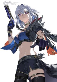 1girl black_gloves black_jacket black_pantyhose black_shorts black_thighhighs black_wings blue_bra bra breasts chinese_commentary chu_chen cleavage closed_mouth commentary commentary_request cowboy_shot cropped_jacket english_commentary feathered_wings galbrena_(wuthering_waves) gloves grey_hair gun hair_between_eyes hand_up highres holding holding_gun holding_weapon jacket medium_breasts medium_hair mixed-language_commentary pantyhose partial_commentary purple_eyes shorts simple_background single_leg_pantyhose single_wing smoke smoking_barrel solo stomach thigh_strap thighhighs underwear weapon white_background wings wuthering_waves