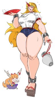 Rule 34 | 2girls, absurdres, bamman, barefoot, barefoot sandals (jewelry), blonde hair, blue buruma, blush, breasts, buruma, chain, cuffs, cup, curvy, fang, geta, gourd, highres, horns, hoshiguma yuugi, huge breasts, ibuki suika, long hair, long legs, multiple girls, open mouth, red eyes, red horns, ribbon, sakazuki, shackles, shirt, single horn, smile, standing, sweat, tall female, thick thighs, thighs, touhou, white shirt, wide hips