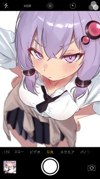 1girl absurdres aiueottoman blurry breasts commentary depth_of_field fake_phone_screenshot fake_screenshot hair_between_eyes hair_ornament hands_on_own_hips highres hoodie_around_waist light_blush looking_at_viewer medium_breasts phone purple_eyes purple_hair shirt short_hair_with_long_locks skirt solo sweat sweatdrop taking_picture tsundere tsurime v-shaped_eyebrows vocaloid white_background white_shirt yuzuki_yukari