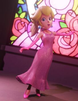 1girl 3d absurdres blender_(medium) blonde_hair blue_eyes commentary crown dress earrings elbow_gloves english_commentary full_body gloves highres inkbennie jewelry lipgloss lipstick long_hair looking_at_viewer makeup mario_(series) nintendo open_mouth pink_dress pink_gloves pink_lips pink_shoes princess_peach shadow shoes solo spark_dress stained_glass standing super_mario_bros._1