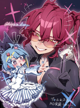 Rule 34 | 2girls, black bodysuit, blue hair, blush, bodysuit, breasts, commentary request, demon girl, demon wings, duel monster, evil twin ki-sikil, evil twin lil-la, green eyes, heart, highres, iruka no kasa (dolphin diary), ki-sikil (yu-gi-oh!), large breasts, lil-la (yu-gi-oh!), long hair, multiple girls, purple eyes, red-tinted eyewear, red hair, short hair, simple background, tinted eyewear, twitter username, wings, yu-gi-oh!, yuri