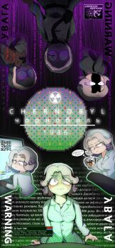 1girl absurdres alternate_hair_color atom blue_shirt breast_pocket breasts buttons chernobyl cup english_text gas_mask ghanshan graph grey_eyes grey_hair hammer_and_sickle hat hazmat_suit highres holding holding_cup mask mature_female medium_breasts mikhail_gorbachev mug multiple_views ongezellig pocket qr_code radiation_symbol russian_text shirt short_hair speech_bubble thought_bubble timestamp vera_(ongezellig)