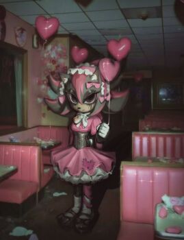 1boy 1girl absurdres alternate_costume arm_at_side balloon black_eyes black_eyeshadow black_fur black_hair black_shoes blood body_fur bow bowtie breasts closed_mouth dark dress eyeshadow frilled_hairband frills full_body furry furry_female genderswap genderswap_(mtf) gloves hair_bow hairband hand_up heart_balloon highres holding holding_balloon indoors leg_ribbon long_hair long_sleeves looking_at_viewer makeup multicolored_hair nosebleed patchwork_clothes photo_background pink_bow pink_dress pink_hair pink_hairband pink_ribbon restaurant ribbon runny_makeup saint_foran shadow_the_hedgehog shoes small_breasts socks solo_focus sonic_(series) sonic_the_hedgehog sparkle spiked_hair standing streaked_hair two-tone_hair when_you_see_it white_bow white_bowtie white_gloves white_socks
