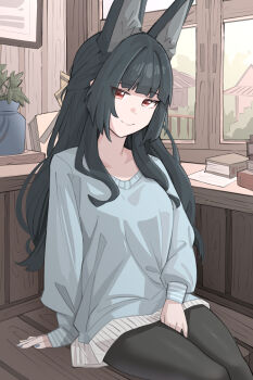 1girl absurdres alternate_costume animal_ear_fluff animal_ears black_hair black_pantyhose blue_nails blue_shirt book closed_mouth collarbone commentary_request cowboy_shot highres hoshimi_miyabi indoors long_hair looking_at_viewer pantyhose paper pile_of_books plant red_eyes shirt sitting smile solo vase window zenless_zone_zero zp_(276878679)
