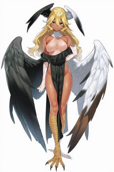 1girl asymmetrical_wings bare_shoulders black_dress black_feathers black_wings blonde_hair blue_eyes bottomless breasts brown_feathers claws closed_mouth commentary_request dark-skinned_female dark_skin dot_nose double-parted_bangs dress elbow_gloves feathered_wings feathers fishnet_leotard fishnets full_body gloves hair_between_eyes harpy head_wings highres legs_together leotard long_hair looking_at_viewer low_wings medium_breasts monster_girl off_shoulder original oversized_wings rose_rnk_exia shadow simple_background smile solo standing thick_eyebrows v-shaped_eyebrows white_background white_feathers white_wings wings