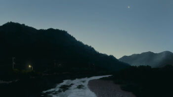 Rule 34 | ara bot, commentary, crescent moon, grey sky, highres, hill, lamppost, landscape, moon, no humans, original, outdoors, power lines, river, rural, scenery, sky, twilight, utility pole
