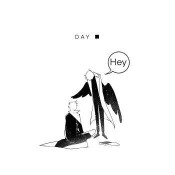 2boys black_wings commentary_request english_text faceless feathered_wings greyscale highres kim_dokja looking_down monochrome multiple_boys omniscient_reader&#039;s_viewpoint short_hair sitting speech_bubble twle wings yoo_joonghyuk