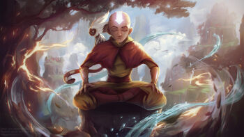1boy aang absurdres animal arrow_(symbol) arrow_tattoo avatar:_the_last_airbender avatar_legends bald capelet closed_eyes closed_mouth commentary day english_commentary fire forehead_tattoo full_body highres lemur meditation momo_(avatar) mountain nature outdoors pants piixeln realistic red_capelet tattoo tree water yellow_pants