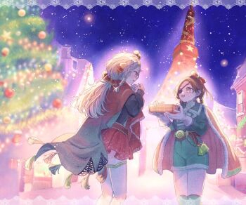 2girls aima_(reverse:1999) alternate_costume black_sweater blue_sky blurry blurry_background bow box braid braided_hair_rings brown_hair cape christmas christmas_tree commentary_request eye_contact eyepatch face-to-face feet_out_of_frame fur-trimmed_cape fur_trim gift gift_box gloves green_jacket green_shorts hair_bow hair_rings highres holding holding_gift jacket looking_at_another low_twintails multiple_girls night oshiricute profile red_bow red_cape red_eyes red_skirt reverse:1999 rubuska shorts skirt sky standing sweater tokyo_tower twintails white_gloves white_hair yellow_eyes
