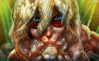 1boy 1girl :&gt;= belt blade blonde_hair blue_eyes fellatio female_titan giant giantess hetero highres jojobanks looking_at_viewer oral pants paradis_military_uniform pov shingeki_no_kyojin size_difference spread_legs sword three-dimensional_maneuver_gear titan_(shingeki_no_kyojin) torn_clothes torn_pants weapon wire