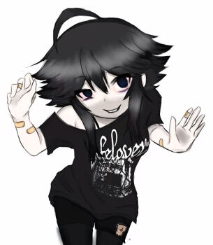 1girl bags_under_eyes bandaged_wrist bandages bandaid black_hair black_leggings blue_eyes empty_eyes hair_between_eyes leggings lifelover long_hair long_sidelocks looking_at_viewer messy_hair nikasha-chan nikopilled88 non-web_source original pale_skin short_hair sidelocks solo source_request