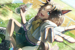 Rule 34 | 1girl, :d, animal ears, aqua eyes, arm up, black footwear, bottle, breasts, brown hair, commentary, cropped jacket, cropped shirt, green skirt, hair between eyes, holding, holding bottle, horse ears, horse girl, horse tail, indian style, jacket, jewelry, kekkekekke, light particles, long hair, looking at viewer, medium breasts, mejiro palmer (umamusume), midriff, miniskirt, multicolored hair, necklace, open clothes, open jacket, open mouth, parted bangs, ponytail, reaching, reaching towards viewer, shadow, shirt, shoes, sidelocks, sitting, skirt, sleeves past elbows, smile, solo, streaked hair, tail, teeth, umamusume, upper teeth only, water bottle, white footwear, white hair, white jacket, yellow shirt