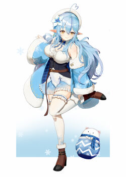 1girl absurdres adjusting_footwear ahoge arm_up armpit_crease bear belt belt_buckle beret blue_bow blue_bowtie blue_coat blue_hair blue_scarf blue_skirt boots bow bowtie braid breasts brown_belt brown_boots buckle center_frills cleavage closed_mouth coat coat_partially_removed collar commentary_request daifuku_(yukihana_lamy) double-parted_bangs dress flower flower_on_head frilled_collar frilled_dress frilled_skirt frilled_thighhighs frills full_body fur-trimmed_boots fur-trimmed_coat fur_trim hair_between_eyes hat heart heart_ahoge high_heel_boots high_heels highres hololive large_breasts leather_belt leg_up light_smile long_hair long_sleeves looking_down multicolored_hair off_shoulder pointy_ears polar_bear purple_streaks sa_(sam-ya) scarf shirt skirt sleeveless sleeveless_shirt sleeves_past_wrists snowflake_background snowflake_print solo standing streaked_hair thighhighs twin_braids underbust virtual_youtuber white_background white_collar white_flower white_hat white_shirt white_thighhighs yellow_eyes yukihana_lamy yukihana_lamy_(1st_costume)
