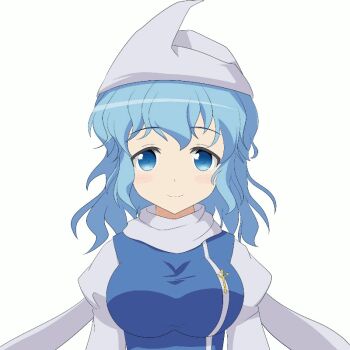 1girl :d animated animated_gif blue_eyes blue_hair blue_theme blush_stickers bouncing_breasts breasts cato_(monocatienus) emofuri multiple_expressions female_focus happy hat juliet_sleeves lapel_pin large_breasts laughing letty_whiterock long_sleeves matching_hair/eyes md5_mismatch open_mouth puffy_sleeves scarf smile solo tabard tareme taut_clothes touhou ugoira upper_body wavy_hair white_scarf