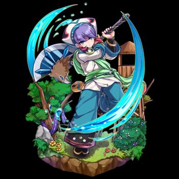 1boy arms_up axe black_background black_shoes blue_pants closed_mouth flower full_body green_sash grey_eyes hat highres holding holding_axe jacket long_sleeves merc_storia merc_storia_art_team mila_(merc_storia) official_art pants purple_hair red_flower sash shoes short_hair simple_background solo standing tachi-e tree two-handed water white_hat white_jacket yellow_flower