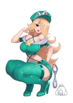 1girl alternate_costume blonde_hair breasts large_breasts little_blood mario_(series) navel rosalina simple_background super_mario_galaxy white_background