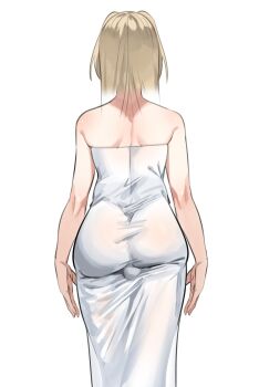 Rule 34 | 1boy, ass, blonde hair, bulge, commentary request, dress, feet out of frame, from behind, full body, highres, in (ain), korean commentary, male focus, original, short hair, simple background, solo, standing, strapless, strapless dress, trap, white background, white dress