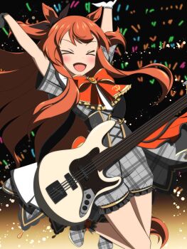 &gt;_&lt; 1girl :d absurdres animal_ears asymmetrical_gloves bass_guitar black_corset black_gloves blush bow bowtie bracelet brown_ribbon closed_eyes commentary_request corset ear_ribbon gloves glowstick gradient_background guitar guitar_strap hands_up highres horse_ears horse_girl horse_tail instrument jewelry long_hair mayano_top_gun_(umamusume) mismatched_gloves open_mouth orange_hair orange_tail plaid_clothes plaid_shirt plaid_shoes plaid_shorts red_bow red_bowtie rhila_sengetsu ribbon shirt shoes short_sleeves shorts smile solo tail two_side_up umamusume