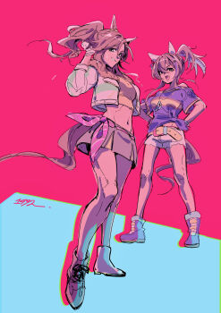 2girls absurdres animal_ears belt belt_buckle blue_boots blue_eyes blue_shirt boots brown_hair buckle commentary_request daitaku_helios_(fun_fun_party_night)_(umamusume) daitaku_helios_(umamusume) dated ear_covers fang gloves green_skirt hair_ornament hairclip highres horse_ears horse_girl horse_tail jacket jewelry looking_at_viewer mejiro_palmer_(umamusume) midriff miniskirt multiple_girls navel necklace ohayonabeno open_clothes open_jacket ponytail purple_sash sash shirt shoelaces shoes shorts simple_background skirt smile sweat tail umamusume white_gloves white_jacket white_shorts yellow_belt yellow_eyes yellow_shirt