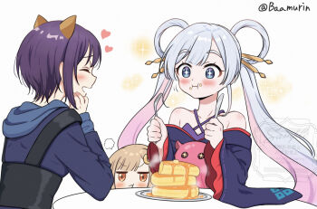 +_+ 3girls :t baamurin bare_shoulders blonde_hair blue_eyes blue_kimono blush chibi cho_kaguya-hime! closed_eyes commentary_request eating food fork hair_ornament hair_rings hair_stick heart highres holding holding_fork holding_knife japanese_clothes jitome kaguya_(cho_kaguya-hime!) kimono knife long_hair long_sleeves multiple_girls octopus open_mouth pancake pancake_stack pout profile puff_of_air purple_hair runami_yachiyo sakayori_iroha short_hair smile twintails twitter_username white_background white_hair