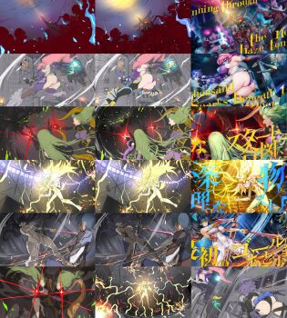 3boys 6+girls absurdres aishuu_hebiko armor ass bare_shoulders blank_eyes blonde_hair blue_eyes blue_hair bodysuit breasts curvy dragon elbow_gloves electricity english_text fighting full_body fuuma_kotarou_(taimanin_series) gloves green_hair hand_on_own_hip highleg highleg_leotard highres holding holding_sword holding_weapon horns huge_ass huge_breasts igawa_asagi impossible_clothes impossible_leotard jumping large_breasts leotard lilith-soft long_hair looking_ahead mask medium_hair mogami_tsukumo motion_blur motion_lines mouth_mask multiple_boys multiple_girls multiple_views nagiriin_ryou natalie_fletcher official_art pink_hair purple_leotard red_hair revealing_clothes shindol shiny_skin sketch skin_tight skirt source_request standing sword taimanin_(series) taimanin_rpgx taimanin_suit takemikazuchi_(taimanin_series) teamwork thong_leotard uehara_shikanosuke vasuki_(taimanin_series) weapon white_bodysuit wide_hips zmei_(taimanin_series)