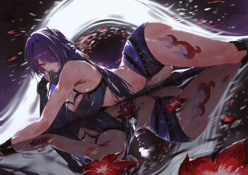Rule 34 | 1girl, absurdres, acheron (honkai: star rail), bare shoulders, breasts, cleavage, commentary, commission, english commentary, hair over one eye, highres, honkai: star rail, honkai (series), large breasts, leg tattoo, long hair, looking at viewer, lying, on stomach, purple eyes, purple hair, rororo, shorts, solo, tattoo, thighs