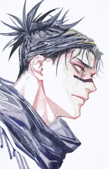 Rule 34 | 1boy, adam's apple, black hair, choso (jujutsu kaisen), closed mouth, facial mark, from side, highres, jozpic, jujutsu kaisen, male focus, short hair, simple background, solo, tears, white background