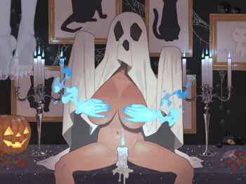 1girl black_cat blue_fire breasts candelabra candle candle_wax candlestand candy cat collarbone commentary convenient_censoring covered_face disembodied_hand english_commentary feet_out_of_frame fire food ghost_costume halloween halloween_costume hands_on_another&#039;s_chest hands_up highres hip_bones indoors jack-o&#039;-lantern large_breasts light_trail nail_polish naked_costume navel niwatori5948 one-eyed original painting_(object) paw_print picture_frame pumpkin red_nails see-through_body sheet_ghost silk sitting solo spider_web spread_legs toenail_polish toenails yellow_eyes