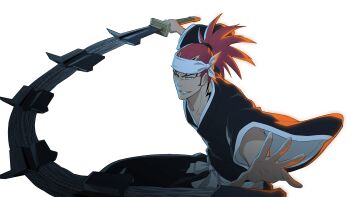 Rule 34 | 1boy, abarai renji, anime coloring, black hakama, black kimono, bleach, bleach soul resonance, cowboy shot, fighting stance, forehead tattoo, grin, hakama, headband, highres, holding, holding sword, holding weapon, incoming attack, japanese clothes, kimono, long hair, long sleeves, looking at viewer, male focus, neck tattoo, nose, official art, outstretched arms, outstretched hand, ponytail, red hair, sash, shikai, simple background, smile, smug, solo, spiked hair, sword, tattoo, transparent background, tsurime, weapon, white headband, white sash, wide sleeves, zabimaru (shikai)