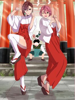 absurdres ayase_momo dandadan enjoji_jin highres japanese_clothes miko modo poses ridiculous shine shiratori_aira_(dandadan) smile takakura_ken_(dandadan) temple