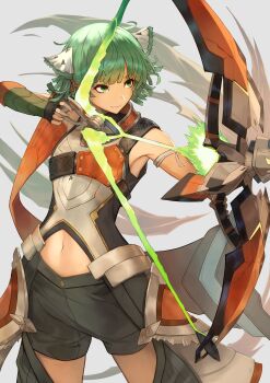 1other absurdres androgynous archery black_shorts bow_(weapon) closed_mouth commentary eyelashes green_eyes green_hair grey_background highres holding holding_bow_(weapon) holding_weapon juniper_(xenoblade) navel other_focus shorts smile teaz917 weapon xenoblade_chronicles_(series) xenoblade_chronicles_3