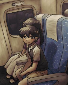 1boy 1girl absurdres alternate_costume antenna_hair black_eyes black_hair black_sweater_vest brother_and_sister brown_shorts cardigan closed_mouth collared_shirt commentary double-parted_bangs dress english_commentary hair_between_eyes highres looking_at_viewer mari_(faraway)_(omori) mari_(omori) omori open_cardigan open_clothes purple_cardigan setosexual shinkansen_0 shirt short_hair short_sleeves shorts siblings sitting sunny_(omori) sweater_vest train_interior white_dress white_shirt