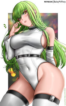 1girl arm_behind_back baileymcpatty breasts c.c. code_geass covered_navel cowboy_shot green_hair green_nails hand_up highleg highleg_leotard highres leotard long_hair looking_at_viewer medium_breasts parted_lips skin_tight solo thighhighs very_long_hair white_leotard white_thighhighs yellow_eyes