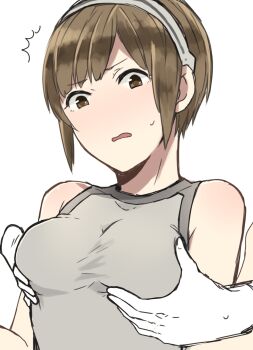 1girl bare_shoulders blush breasts brown_eyes brown_hair godzilla:_city_on_the_edge_of_battle godzilla:_planet_of_the_monsters godzilla_(series) grabbing_another&#039;s_breast grabbing_from_behind groping hairband headband highres medium_breasts nomu_(artist) polygon_pictures short_hair simple_background surprised tani_yuko toho