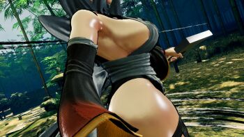 1girl 3d apron ass black_hair black_leotard breasts butterfly_swords curvy forest highleg highleg_leotard holding holding_weapon iroha_(samurai_spirits) large_breasts leotard leotard_under_clothes maid maid_headdress nature ryona samurai_spirits screencap shiny_skin short_hair solo thighhighs third-party_edit thong_leotard weapon wide_hips wind