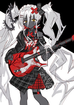 Rule 34 | 1girl, absurdres, black shirt, black skin, colored skin, commentary request, cowboy shot, gothic punk, grey hair, guitar, hair ornament, headphones, headphones around neck, highres, holding, holding guitar, holding instrument, instrument, j-core, japanese stream hardcore, joe faiko, long hair, looking at viewer, maid headdress, plaid clothes, plaid skirt, punk, red skirt, shirt, simple background, sketch, skirt, solo, standing, twintails, very long hair, wusem0108, x hair ornament, yellow eyes