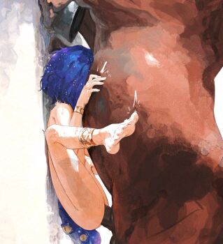 1girl against_wall animal_penis anklet barefoot belly_riding bestiality blue_hair borrowed_character bracelet butterchalk character_request commentary english_commentary highres horse horse_penis jewelry loli nude original penis sex short_hair soles tail toes uncensored vaginal x-ray