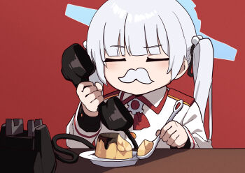 1girl blue_archive blunt_bangs calm_down_stalin cherino_(blue_archive) closed_eyes commentary_request corded_phone fake_facial_hair fake_mustache food fuka_(kantoku) grey_hair highres holding holding_phone holding_spoon jacket long_hair parody phone pudding red_background solo spoon twintails upper_body white_jacket