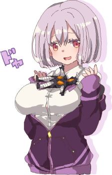 1girl blush breasts character_doll collared_shirt commentary_request doll gridman_universe hands_up hikaru_(sgst) hood hooded_jacket jacket large_breasts long_sleeves looking_at_viewer object_on_breast open_clothes open_jacket open_mouth purple_hair purple_jacket red_eyes school_uniform shinjou_akane shirt short_hair simple_background smile solo ssss.gridman white_background white_shirt zetton