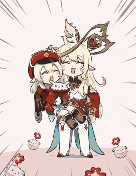 2girls alice_(genshin_impact) blonde_hair boots brown_boots genshin_impact hat highres klee_(genshin_impact) mother_and_daughter multiple_girls pointy_ears red_hat xinzoruo