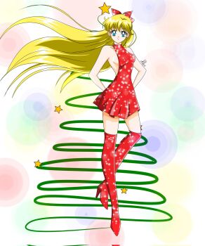 1girl aino_minako anello81 bishoujo_senshi_sailor_moon blonde_hair blue_eyes boots bow breasts closed_mouth dress female_focus happy high_heel high_heel_boots high_heel_boots high_heels highres long_hair no_bra overknee_boots red_bow red_dress short_dress smile solo star_(symbol)