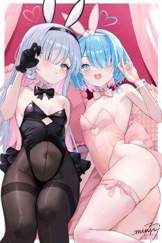 2girls absurdres alternate_costume animal_ear_hairband animal_ears arona_(blue_archive) ass black_bow black_bowtie black_gloves black_hairband black_leotard black_pantyhose blue_archive blue_eyes blue_hair blush border bow bowtie braid breasts clothing_cutout colored_inner_hair commentary cutout_above_navel detached_collar fake_animal_ears feet_out_of_frame gloves grey_eyes grey_hair hair_over_one_eye hairband halo hand_up heart heart_cutout heart_halo high-waist_pantyhose highleg highleg_leotard highres leotard long_hair looking_at_viewer multicolored_hair multiple_girls open_mouth outside_border pantyhose parted_lips pink_bow pink_bowtie pink_hair pink_leotard pink_thighhighs plana_(blue_archive) playboy_bunny rabbit_ear_hairband rabbit_ears shawn358 short_hair side_braid signature single_braid single_thighhigh skindentation small_breasts smile strapless strapless_leotard symbol-only_commentary thighband_pantyhose thighhighs two-tone_hair v very_long_hair white_border white_hairband white_wrist_cuffs wrist_cuffs