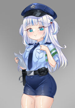 1girl alternate_costume blue_eyes blue_hat blue_necktie blue_shirt blue_skirt blue_streaks blush breast_pocket closed_mouth commentary_request gawr_gura grey_background grey_hair hair_ornament hat highres holding holding_paper hololive hololive_english looking_at_viewer medium_hair multicolored_hair necktie no_tail paper pocket police police_hat police_uniform policewoman rorol_reime shark_hair_ornament shirt skirt smile solo streaked_hair two_side_up virtual_youtuber