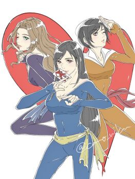 Rule 34 | 3girls, aerith gainsborough, alternate costume, black hair, blue bodysuit, blue sash, bodysuit, breasts, brown eyes, brown hair, camo niku, card, collarbone, commentary request, feet out of frame, fighting stance, final fantasy, final fantasy vii, final fantasy vii rebirth, final fantasy vii remake, green eyes, heart, holding, holding card, index finger raised, large breasts, long hair, long sleeves, looking at viewer, medium breasts, multiple girls, one eye closed, orange bodysuit, parted bangs, purple bodysuit, red eyes, red sash, salute, sash, short hair, small breasts, swept bangs, tifa lockhart, twitter username, v-neck, white background, yellow sash, yuffie kisaragi