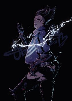 1girl absurdres ass black_background black_hair cable commentary_request cowboy_shot demon_girl demon_horns electricity facial_mark highres horns jacket jbstyle purple_jacket red_eyes reina_(tekken) short_hair short_shorts shorts simple_background solo spiked_hair tekken tekken_8 torn_clothes torn_shorts