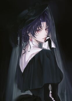 1girl absurdres black_background black_dress blood blood_from_mouth dress from_behind garofano_(path_to_nowhere) handkerchief highres holding holding_handkerchief looking_at_viewer looking_back path_to_nowhere purple_hair red_eyes s_ha_wn solo upper_body veil wiping_blood