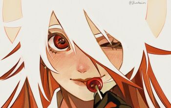 1girl artist_name black_gloves borcheim candy close-up closed_mouth commentary earrings english_commentary eyelashes food gloves guilty_gear guilty_gear_strive hair_between_eyes halo highres holding holding_candy holding_food holding_lollipop jack-o'_valentine jewelry lips lollipop long_hair looking_at_viewer multicolored_hair one_eye_closed red_eyes red_hair single_earring smile solo tongue tongue_out two-tone_hair white_hair