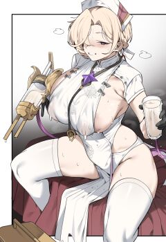 Rule 34 | 1girl, absurdres, blonde hair, blush, breasts, commentary, coronis (springseek) (stella sora), coronis (stella sora), covered erect nipples, cup, gradient background, grey background, hair over one eye, hat, highres, holding, holding cup, large breasts, looking at viewer, nurse cap, official alternate costume, pelvic curtain, purple eyes, short hair, sitting, solo, stella sora, thighhighs, urec, white hat, white thighhighs