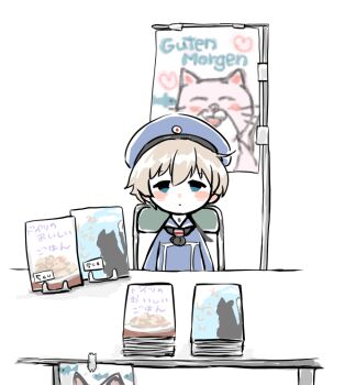 1girl animal bad_id bad_twitter_id black_cat blue_eyes blue_hat blush book book_stack book_stand booth_seating cat chair convention dress female_focus fish flag folding_chair german_text hat heart kantai_collection karin_bluez3 meta neckerchief price_tag sailor_collar sailor_dress sailor_hat short_hair silver_hair sitting solo table translated unsinkable_sam white_background z1_leberecht_maass_(kancolle)